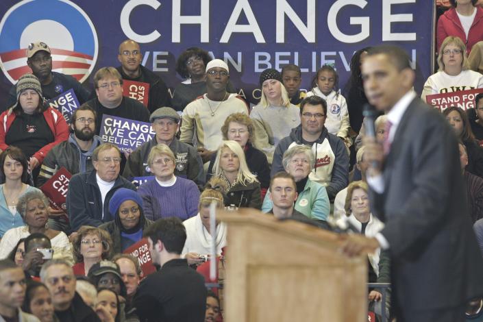 Barack Obama speaks at a rally at Hoover High School in Des Moines.