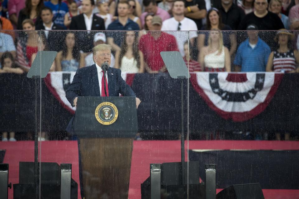 President Donald Trump delivers remarks at the "Salute to America" ceremony in front of the Lincoln Memorial, on July 4, 2019 in Washington, DC. The presentation features armored vehicles on display, a flyover by Air Force One, and several flyovers by other military aircraft.