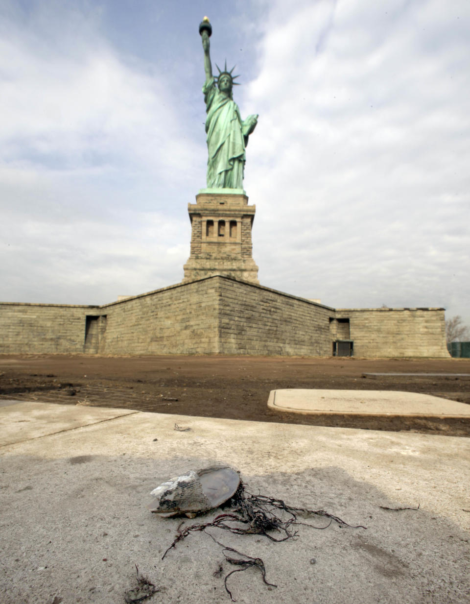 A sea shell rests on a wall surrounding the Statue of Liberty, in New York, Friday, Nov. 30, 2012. Tourists in New York will miss out for a while on one of the hallmarks of a visit to New York, seeing the Statue of Liberty up close. Though the statue itself survived Superstorm Sandy intact, damage to buildings and Liberty Island's power and heating systems means the island will remain closed for now, and authorities don't have an estimate on when it will reopen. (AP Photo/Richard Drew)