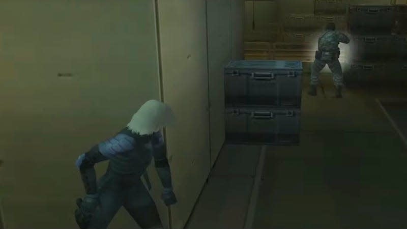 Raiden peeks around a corner while sneaking through the Big Shell. 