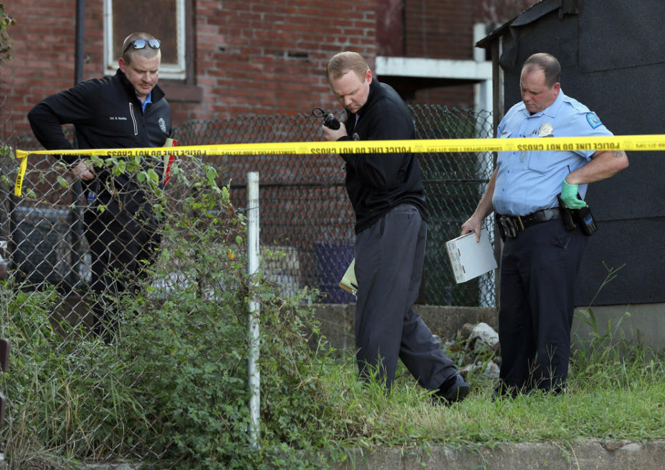 Police investigate the scene of a shooting in the 3500 block of North 14th Street in St. Louis, Mo., where a 7-year-old was shot and killed and an 18-year-old sustained a critical gunshot wound on Monday, Aug. 12, 2019. (David Carson/St. Louis Post-Dispatch/Tribune News Service via Getty Images) | St. Louis Post-Dispatch—Tribune News Service via Getty I