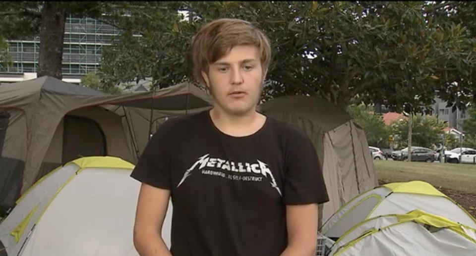 Homeless teen Kailaeb Vescio-Stanley living in tent during the rental crisis.