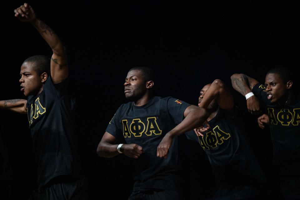 The Alpha Phi Alpha step team from NC Central University performs at the East Coast Step Show at the Crown Theater on Saturday, April 16, 2022.