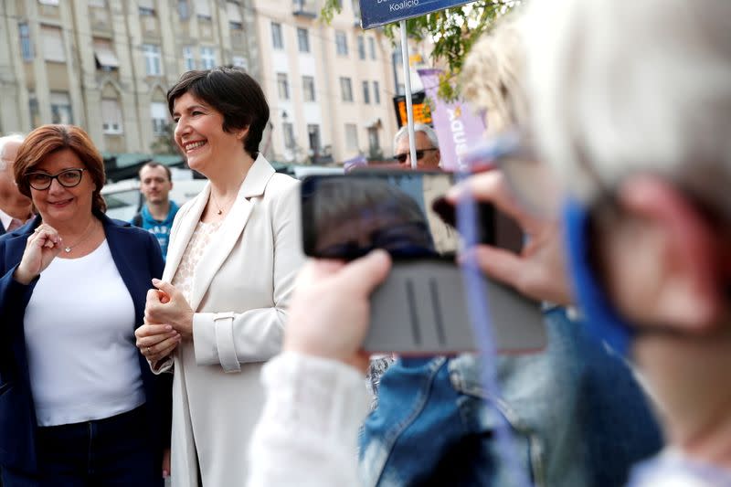 FILE PHOTO: Klara Dobrev, candidate of the opposition party Democratic Coalition, meets with supporters during the first round of the opposition primary election, in Budapest