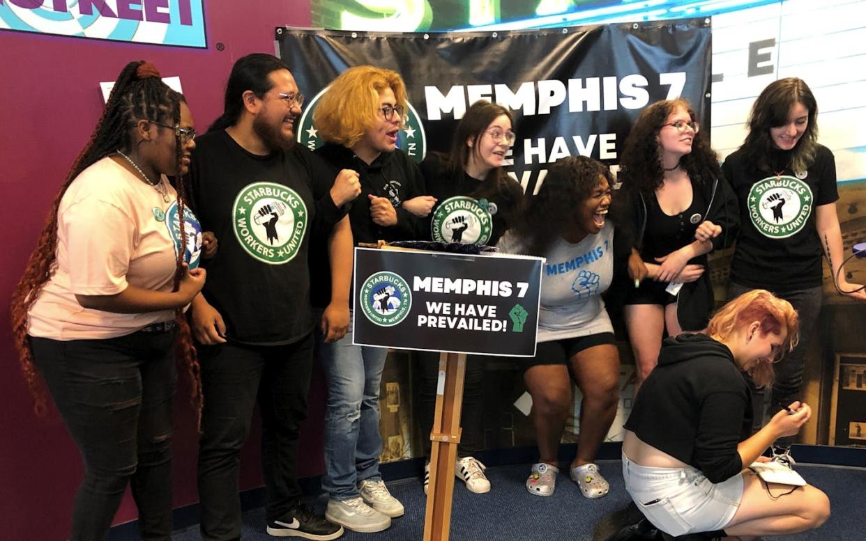 A group of fired Starbucks employees celebrate the result of a vote to unionize a Memphis shop on June 7, 2022. <a href="https://newsroom.ap.org/detail/Starbucks%20Union/5efe26a9605246ffae79523b5e7a607c?Query=memphis%207%20starbucks&mediaType=photo&sortBy=arrivaldatetime:desc&dateRange=Anytime&totalCount=2&currentItemNo=0" rel="nofollow noopener" target="_blank" data-ylk="slk:AP Photo/Adrian Sainz;elm:context_link;itc:0;sec:content-canvas" class="link ">AP Photo/Adrian Sainz</a>