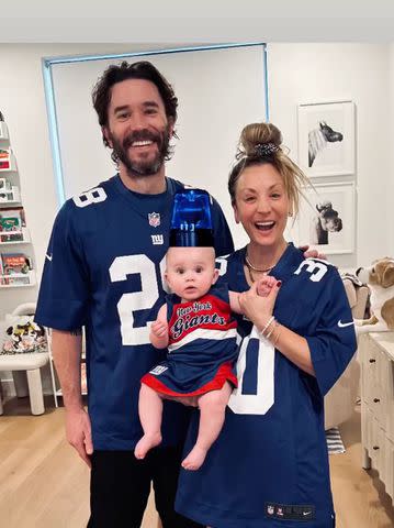 <p>Tom Pelphrey/Instagram</p> Kaley Cuoco, Tom Pelphrey and their daughter Matilda dressed up in New York Giants gear.