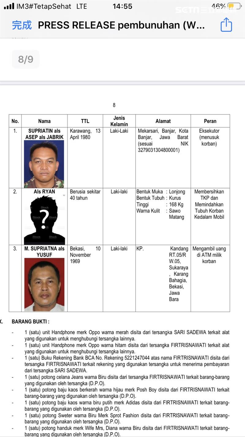 該案目前仍有3人在逃，第一位行兇（除役軍人）、第二位負責清理犯罪現場、載運屍體（除役軍人）第三位提款人（女嫌Fitri同事）。（圖／翻攝畫面）