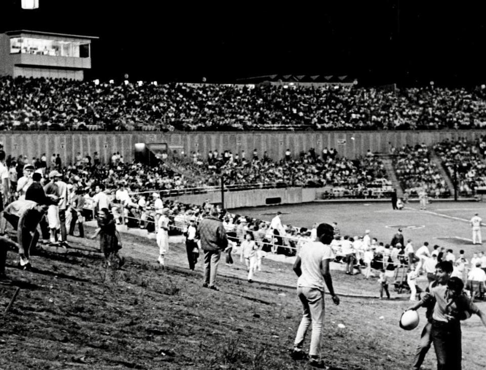 A 1965 photo of the view from the first-base line at Turnpike Stadium, built for minor league baseball instead of the announced Bi-County Stadium for a Major League and NFL team. This stadium was later converted to Arlington Stadium.