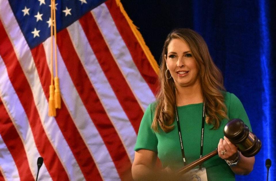 Ronna McDaniel, Chairwoman of the Republican Party holds the gavel at the start of the 2023 Republican National Committee Winter Meeting in Dana Point, California, on January 27, 2023.