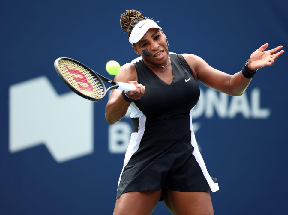 Serena Williams in the first round of the Canadian Open on Aug. 8, 2022. - Credit: Getty Images