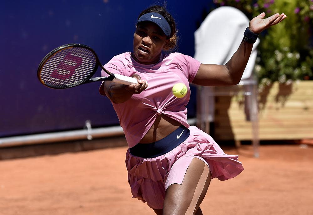 Serena Williams of the United States returns the ball to Italy’s Lisa Pigato during their match at the Emilia Romagna Open tennis tournament, in Parma, Monday, May 17, 2021. (AP Photo/Marco Vasini)