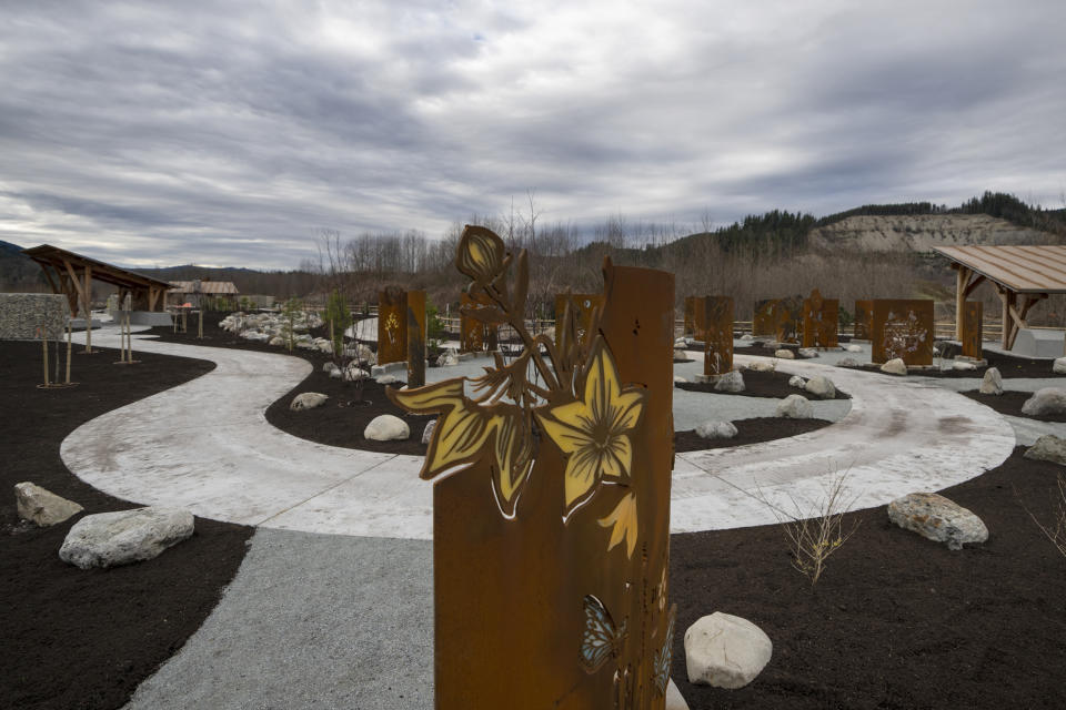 The memorial for the Oso landslide designed by local artist Tsovinar Muradyan and the Classic Foundry is seen ahead of the opening on Saturday, Feb. 17, 2024, in Oso, Wash. (AP Photo/Jenny Kane)
