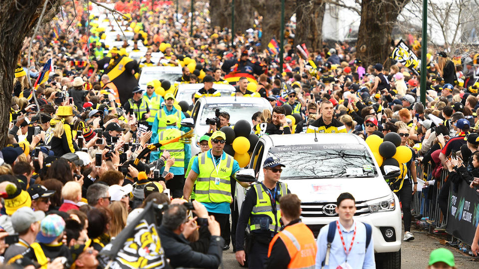 Richmond players, pictured here waving to fans during the 2017 AFL grand final parade.