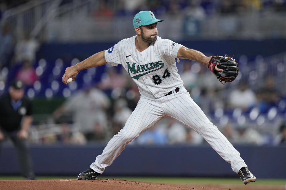 Miami Marlins' JT Chargois delivers a pitch during the first inning of a baseball game against the Milwaukee Brewers, Friday, Sept. 22, 2023, in Miami. (AP Photo/Wilfredo Lee)