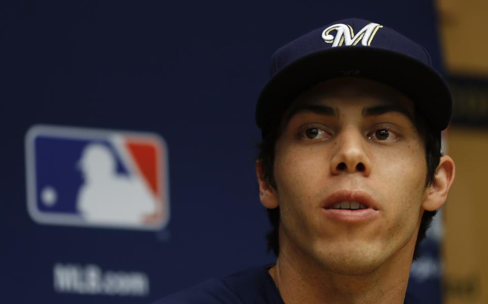 Milwaukee Brewers' Christian Yelich answers questions before Game 1 of the National League Championship Series baseball game Thursday, Oct. 11, 2018, in Milwaukee. The Brewers play the Los Angeles Dodgers on Friday, Oct. 12, 2018. (AP Photo/Jeff Roberson)