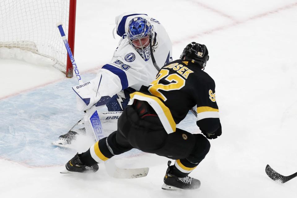 Tampa Bay Lightning's Andrei Vasilevskiy (88) blocks a shot by Boston Bruins' Tomas Nosek (92) during the second period of an NHL hockey game, Saturday, Dec. 4, 2021, in Boston. (AP Photo/Michael Dwyer)