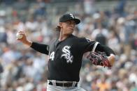 FILE - In this Aug. 26, 2018, file photo, Chicago White Sox starting pitcher Michael Kopech throws during the first inning of a baseball game against the Detroit Tigers, in Detroit. White Sox prospect Michael Kopech missed the start of summer camp Frida, Ju;y 3, 2020, due to a personal matter. General manager Rick Hahn said he doesn't have a timeline for the return of the 24-year-old right-hander. “Given the time we're living through together I will try to answer the question that's probably now at the top of everybody's mind and just share the fact that currently Michael is healthy,” Hahn said on a video conference call.(AP Photo/Carlos Osorio, File)