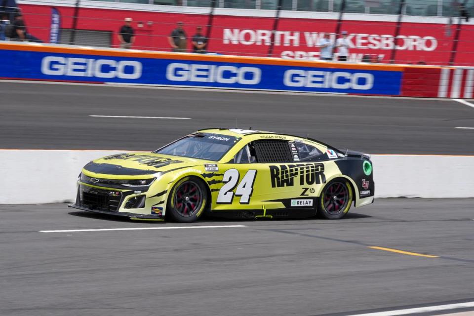 May 18, 2024; North Wilkesboro, North Carolina, USA; NASCAR Cup Series driver William Byron (24) during qualifying at North Wilkesboro Speedway.