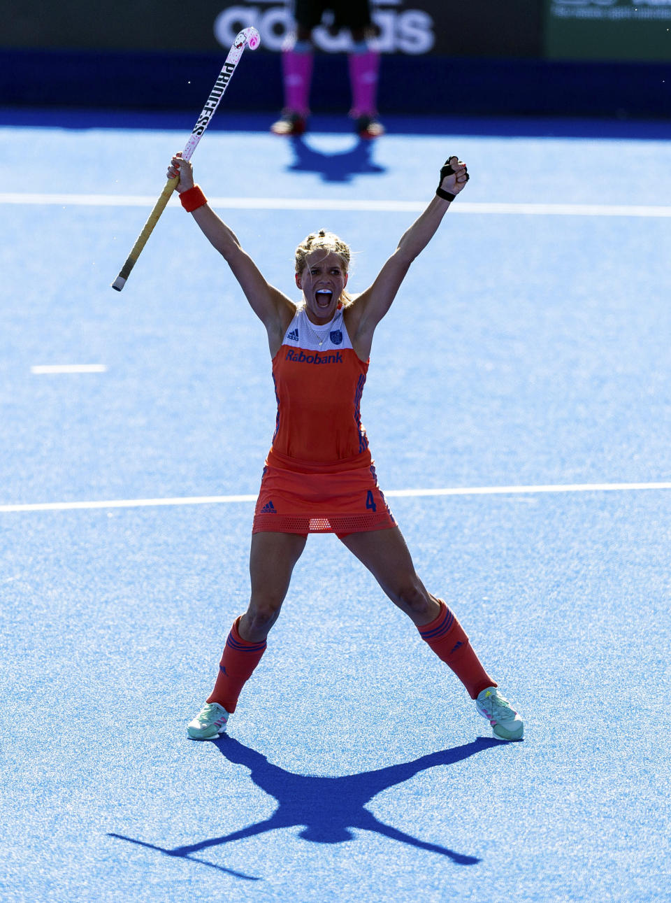 Netherlands' Kitty van Male celebrates scoring her team's third goal , during the Women's Hockey World Cup Final match between the Netherlands and Ireland, at The Lee Valley Hockey and Tennis Centre, in London, Sunday Aug. 5, 2018. (Paul Harding/PA via AP)
