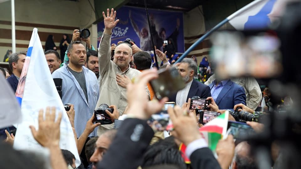 Iranian presidential candidate Mohammad Bagher Ghalibaf’s supporters gathered on the final day of campaigning to hear him speak, in Tehran, Iran on Thursday. - Joseph Ataman/CNN