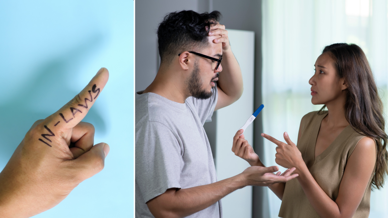 Couple feel stressed about a pregnancy (right), exacerbated by their parents-in-law. (Photo: Getty Images)