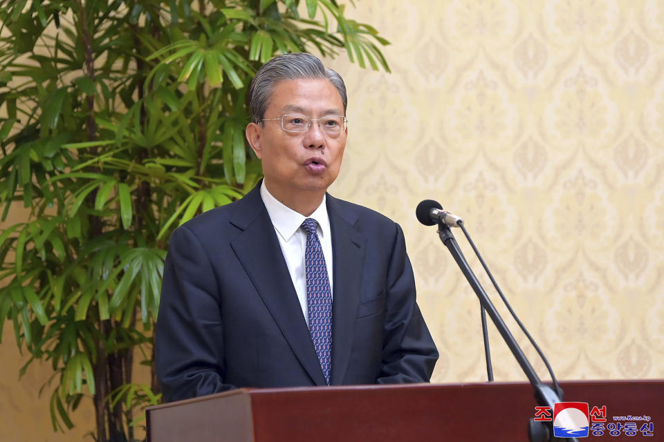 In this photo provided on April 12, 2024, by the North Korean government, Zhao Leji, chairman of the National People’s Congress of China speaks during a welcome reception, at the Mansudae Assembly Hall in Pyongyang, North Korea, on April 11, 2024. Independent journalists were not given access to cover the event depicted in this image distributed by the North Korean government. The content of this image is as provided and cannot be independently verified. Korean language watermark on image as provided by source reads: "KCNA" which is the abbreviation for Korean Central News Agency. (Korean Central News Agency/Korea News Service via AP)