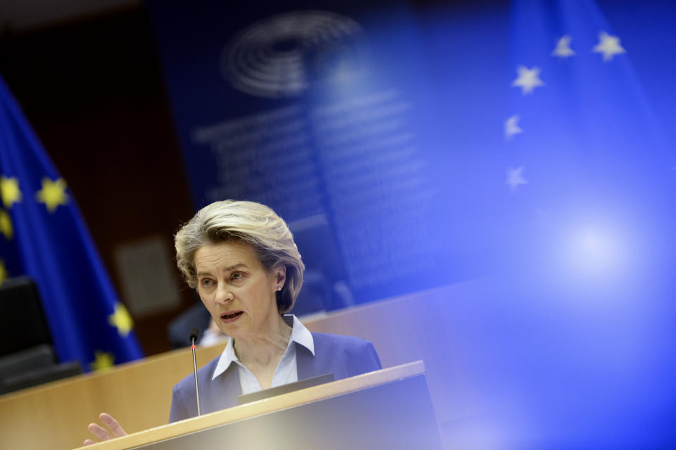 European Commission President Ursula von der Leyen speaks during a debate on the united EU approach to COVID-19 vaccinations at the European Parliament in Brussels, Wednesday, Feb. 10, 2021. (Johanna Geron, Pool via AP)