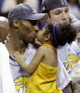 FILE - In this June 14, 2009 file photo Los Angeles Lakers' Kobe Bryant kisses his daughter, Gianna, after defeating the Orlando Magic 99-86 in Game 5 to win the NBA basketball finals in Orlando, Fla. Bryant, the 18-time NBA All-Star who won five championships and became one of the greatest basketball players of his generation during a 20-year career with the Los Angeles Lakers, died in a helicopter crash Sunday, Jan. 26, 2020. Gianna also died in the crash. (AP Photo/David J. Phillip)