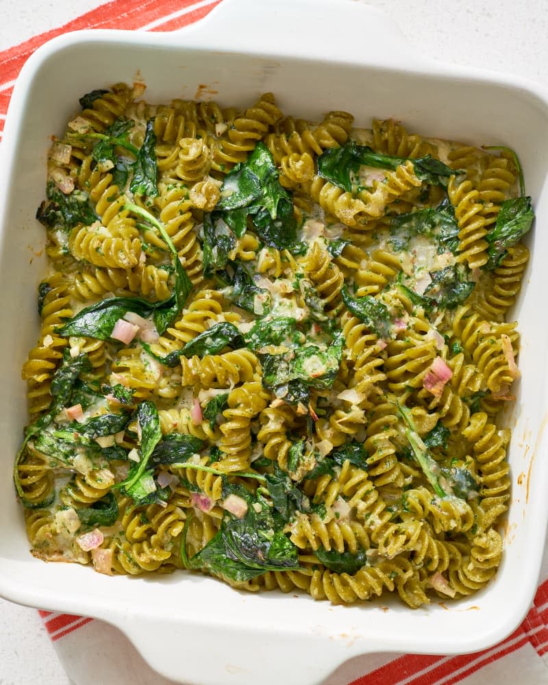 Double Spinach Pasta Casserole with Pesto & Asiago Cheese