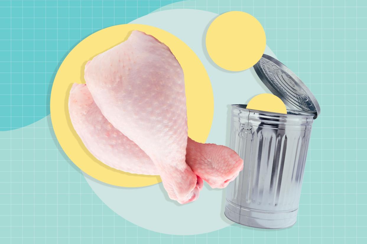 chicken legs and trash can on designed background