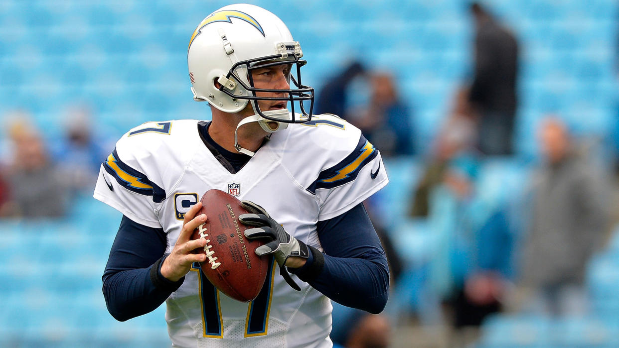 CHARLOTTE, NC - DECEMBER 11:  Philip Rivers #17 of the San Diego Chargers throws a pass during pregame warm ups against the Carolina Panthers at Bank of America Stadium on December 11, 2016 in Charlotte, North Carolina.