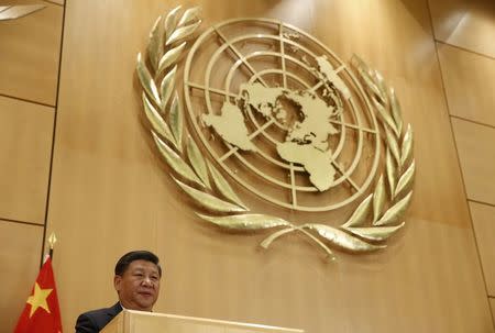 Chinese President Xi Jinping delivers a speech during a high-level event in the Assembly Hall at the United Nations European headquarters in Geneva, Switzerland, January 18, 2017. REUTERS/Denis Balibouse