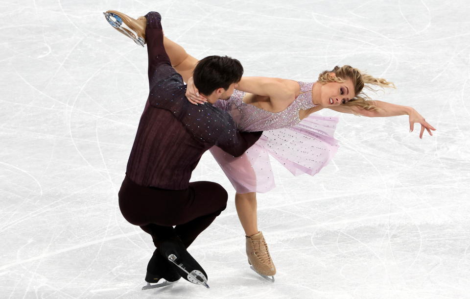 Madison Hubbell and Zachary Donohue of Team United States skate during the Ice Dance Free Dance flower ceremony on day ten of the Beijing 2022 Winter Olympic Games at Capital Indoor Stadium on February 14, 2022 in Beijing, China.