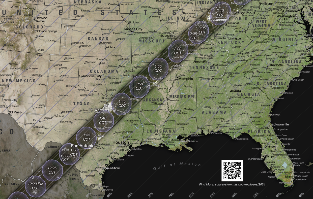 This map from NASA's Scientific Visualization Studio shows the path of totality for the April 8, 2024, total solar eclipse. The map includes states that are not in the path, however, it does note the percentage of visibility by state and city.