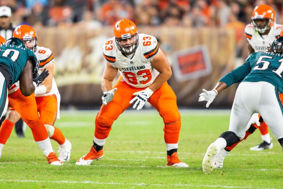 Aug 23, 2018; Cleveland, OH, USA; Cleveland Browns offensive guard Austin Corbett (63) during the third quarter against the Philadelphia Eagles at FirstEnergy Stadium. The Browns won 5-0. Mandatory Credit: Scott R. Galvin-USA TODAY Sports