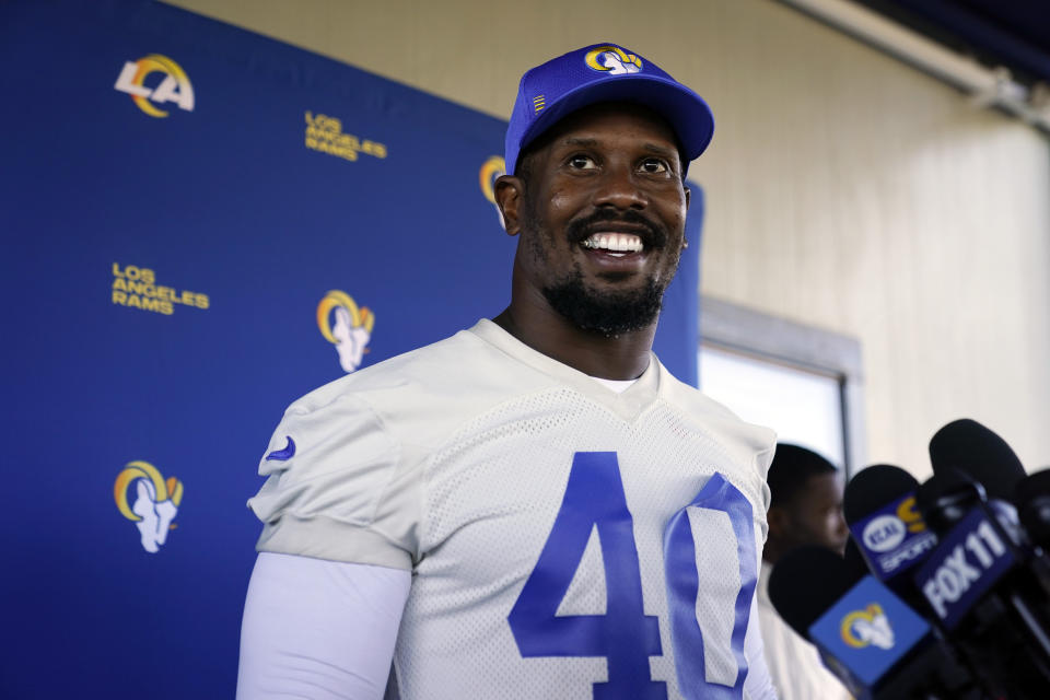 Los Angeles Rams outside linebacker Von Miller fields questions after NFL football practice Wednesday, Nov. 3, 2021, in Thousand Oaks, Calif. (AP Photo/Marcio Jose Sanchez)