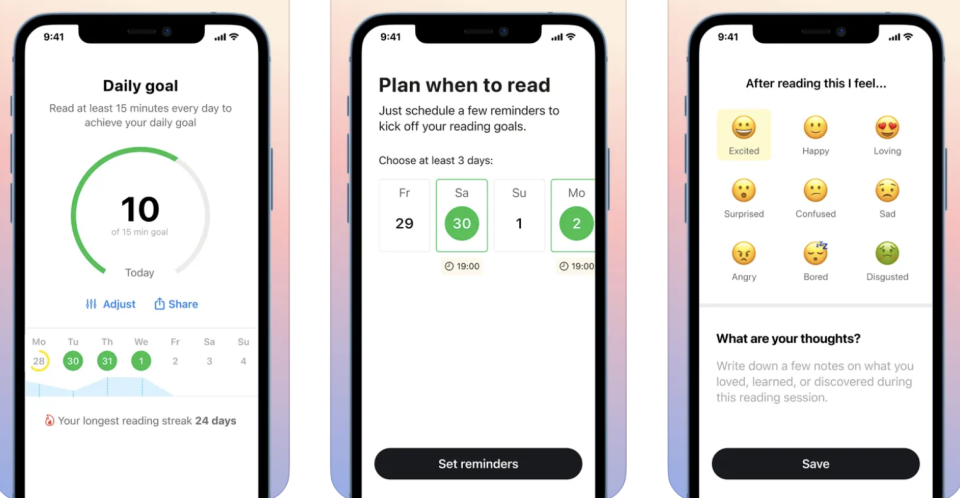 screenshots of the app on a phone with different goals and reading schedules