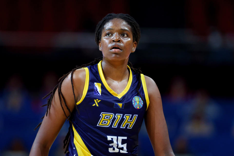 Jonquel Jones, with her Bosnia and Herzegovina team at the FIBA Women's Basketball World Cup in 2022, joins the New York Liberty's super-team with Breanna Stewart and Courtney Vandersloot. (Pete Dovgan/Speed Media/Icon Sportswire via Getty Images)