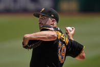 Pittsburgh Pirates starting pitcher Zach Thompson delivers during the second inning of a baseball game against the Milwaukee Brewers in Pittsburgh, Sunday, July 3, 2022. (AP Photo/Gene J. Puskar)