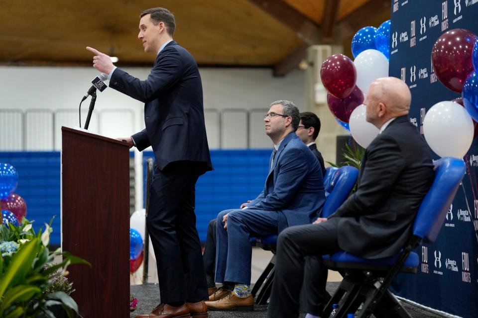 Jack Castleberry is shown after being introduced as the new men's basketball head coach at Fairleigh Dickinson University.   Thursday, March 23, 2023