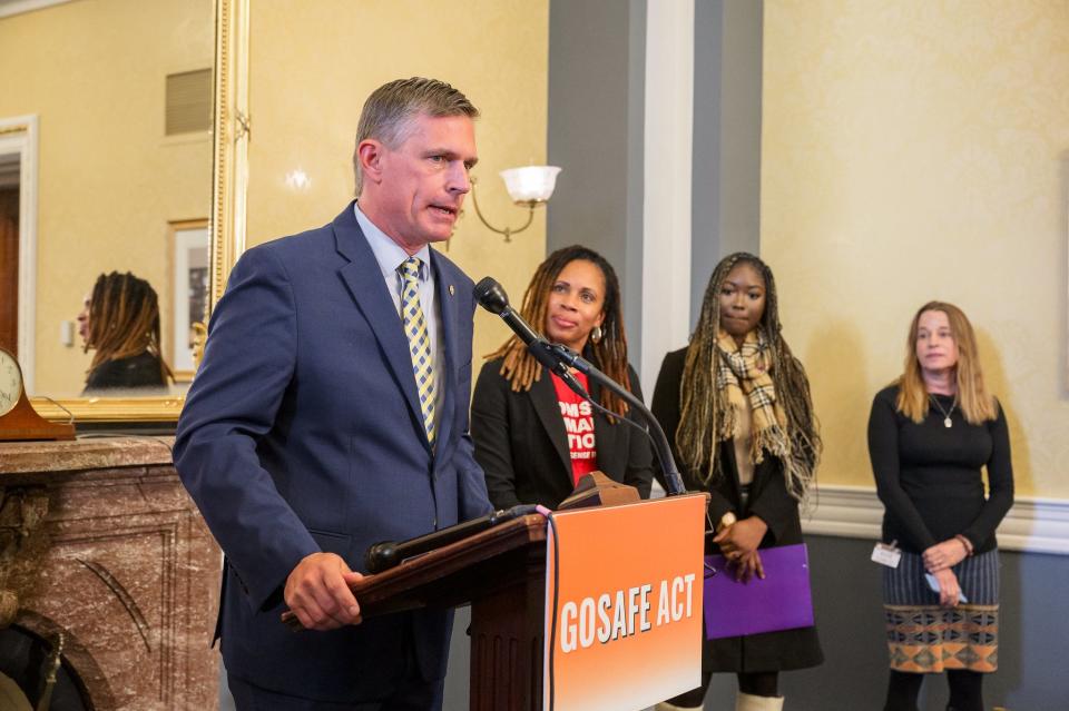 Flanked by supporters of his bill, U.S. Sen. Martin Heinrich discusses his newly introduced Gas-Operated Semi-Automatic Firearms Exclusion (GOSAFE) Act on Tuesday, Dec. 5 in the U.S. Capitol in Washington.