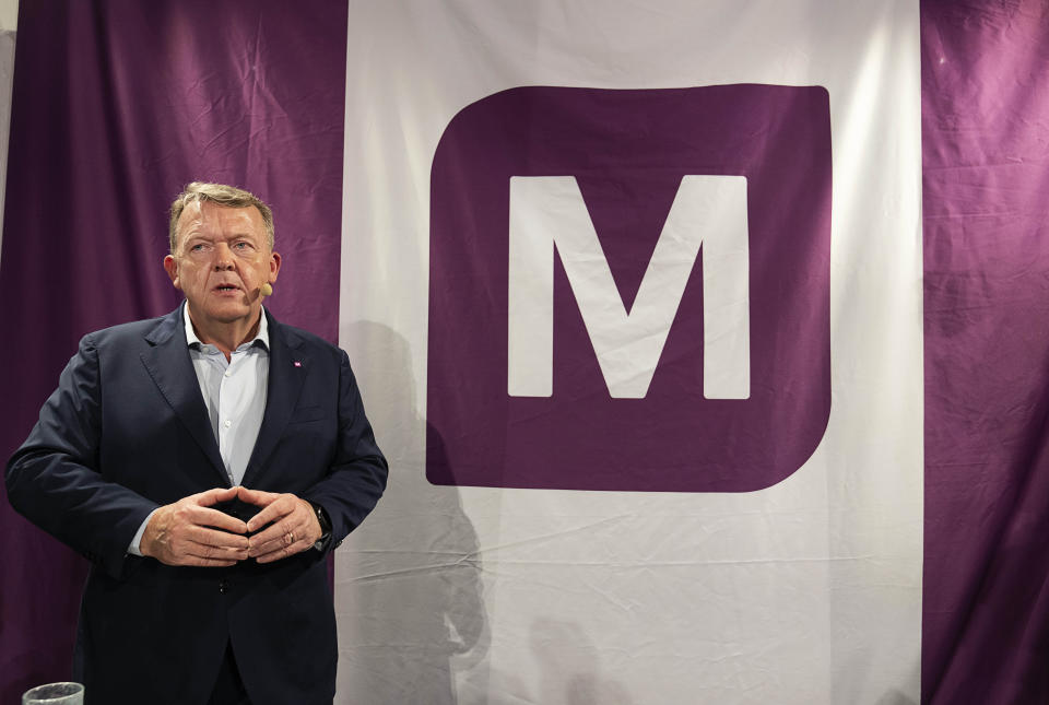 Lars Loekke Rasmussen speaks during election night at the Moderates in Copenhagen, Tuesday, Nov. 1, 2022. Denmark's election on Tuesday is expected to change its political landscape, with new parties hoping to enter parliament and others seeing their support dwindle. (Claus Bech/Ritzau Scanpix via AP)