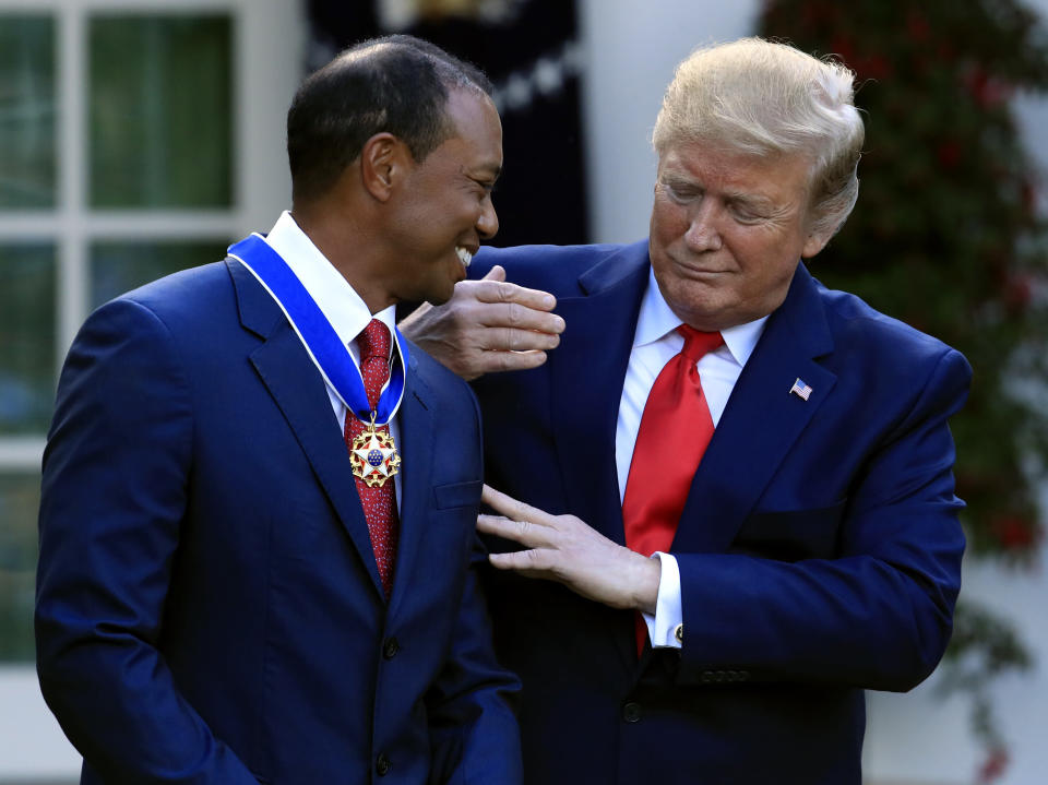 President Donald Trump awarded Tiger Woods with the Presidential Medal of Freedom on Monday. (AP)