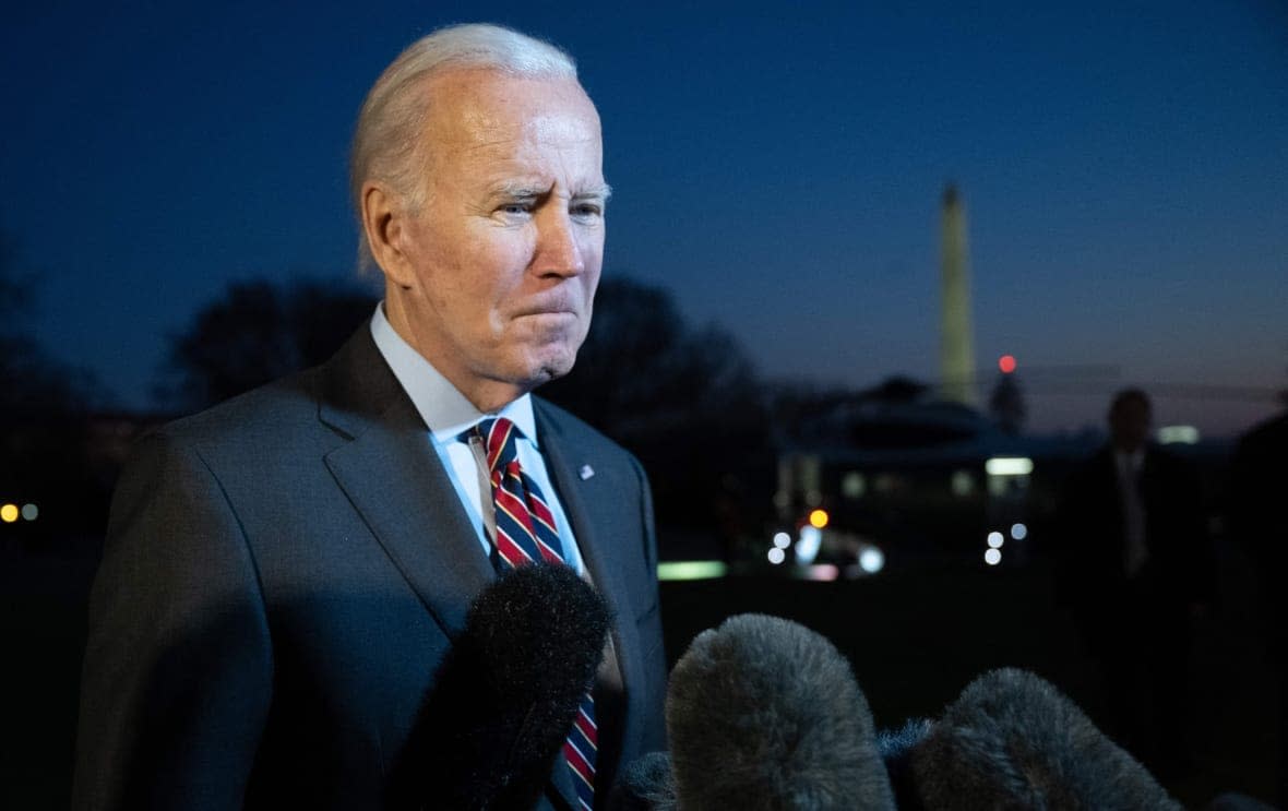 US President Joe Biden speaks to the media about Tyre Nichols as he walks to Marine One prior to departure from the South Lawn of the White House in Washington, DC, January 27, 2023, as he heads to Camp David for the weekend. – Police officers,were charged with second-degree murder in the beating of 29-year-old Tyre Nichols, who died in hospital on January 10, three days after being stopped on suspicion of reckless driving. (Photo by SAUL LOEB / AFP) (Photo by SAUL LOEB/AFP via Getty Images)