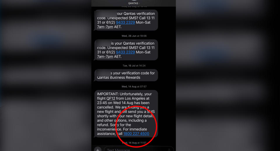 A screen grab of a text message sent by Qantas.