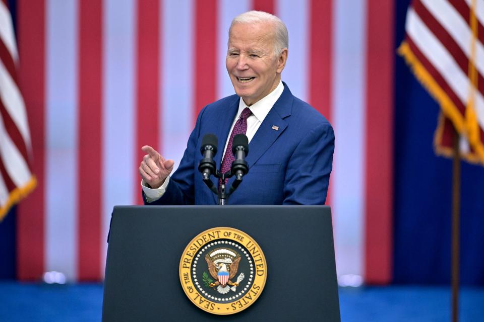 President Joe Biden delivers remarks on lowering prices for American families during an event at the YMCA Allard Center, Monday, March 11, 2024, in Goffstown, N.H.