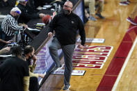 Wake Forest coach Steve Forbes celebrates after the team scored against Boston College during the second half of an NCAA basketball game Wednesday, Feb. 10, 2021, in Boston. (AP Photo/Charles Krupa)