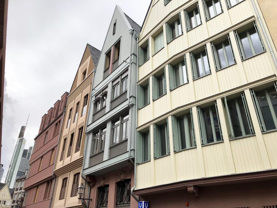 A row of four newly constructed façades in the new old town showcase the district's mixture of architectural styles.