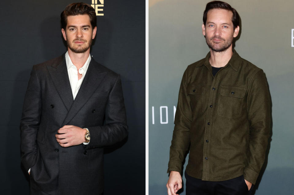 Andrew Garfield and Tobey Maguire at separate events. Garfield is in a dark double-breasted suit, while Maguire wears a casual button-up shirt