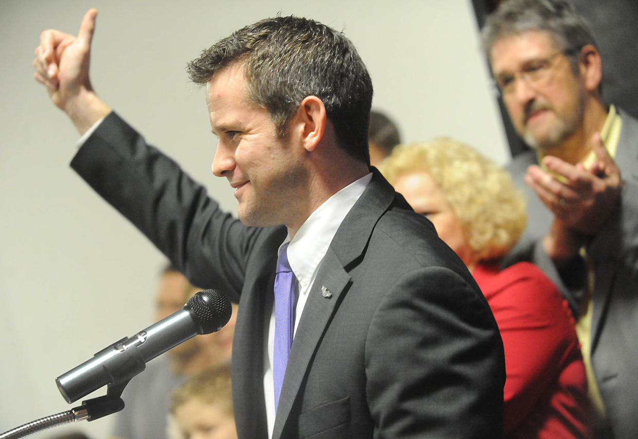 Rep. Adam Kinzinger, R-Ill., speaks to the crowd at Starved Rock State Park Lodge and Convention Center on March 20, 2012, in Utica, Ill.